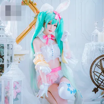 

2019 Hot New Vocaloid Cosplay V Girl Snow Miku Rabbit ears Princess Cosplay Costume Dress Pink halloween costumes for women