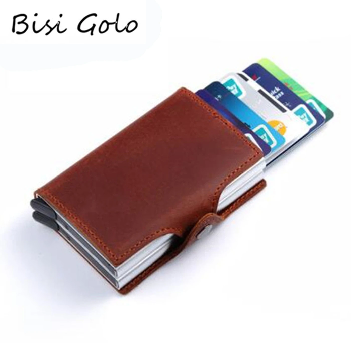 

BISI GORO Wallet Genuine Leather Credit Card Holder RFID Wallet Aluminum Unisex Crazy Horse Leather 2 Metal Credit Card Holder