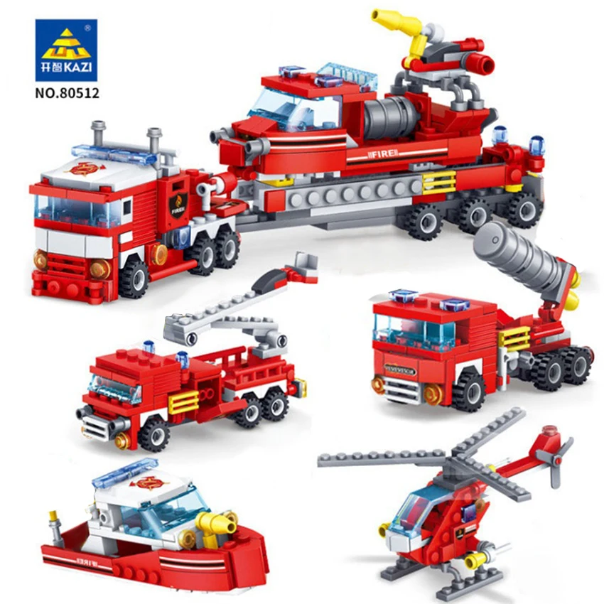 KAZI 4 в 1 пожаротушения автомобилей вертолета лодка строительные блоки город пожарных кирпичи развивающие игрушки для детей 348 шт