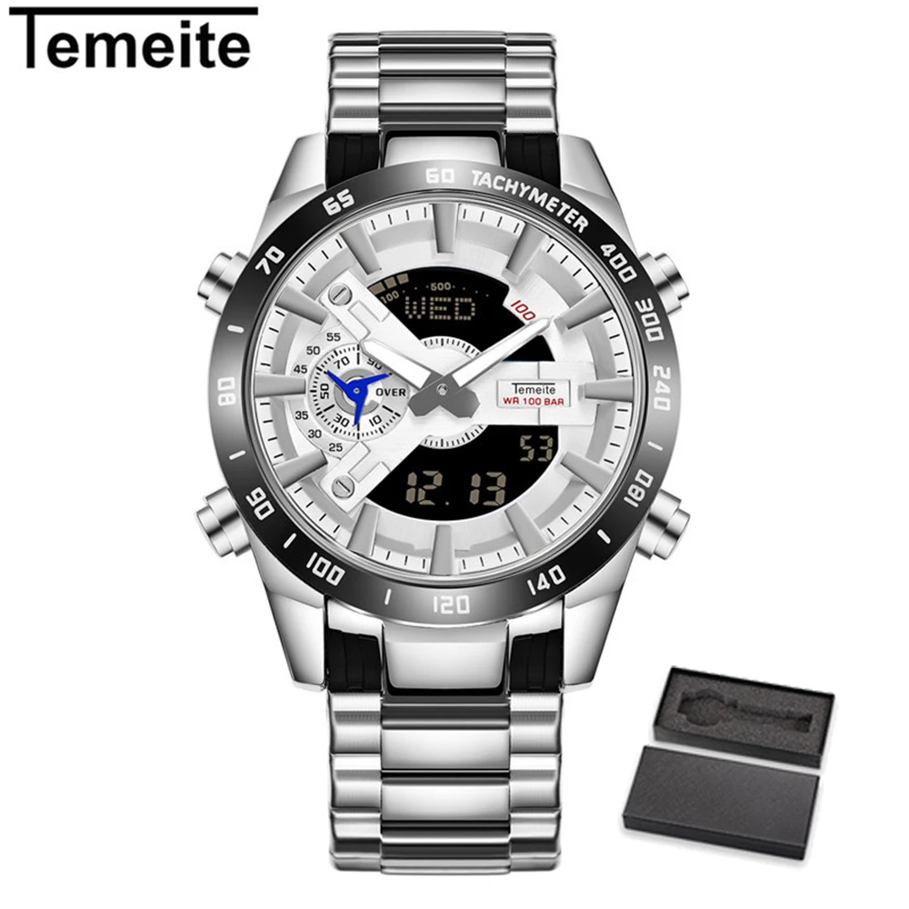 TEMEITE, двойной дисплей, Лидирующий бренд, мужские кварцевые цифровые часы, роскошные модные часы, светодиодный, мужские часы с датой, наручные часы, Relogio - Цвет: temeite4 with box