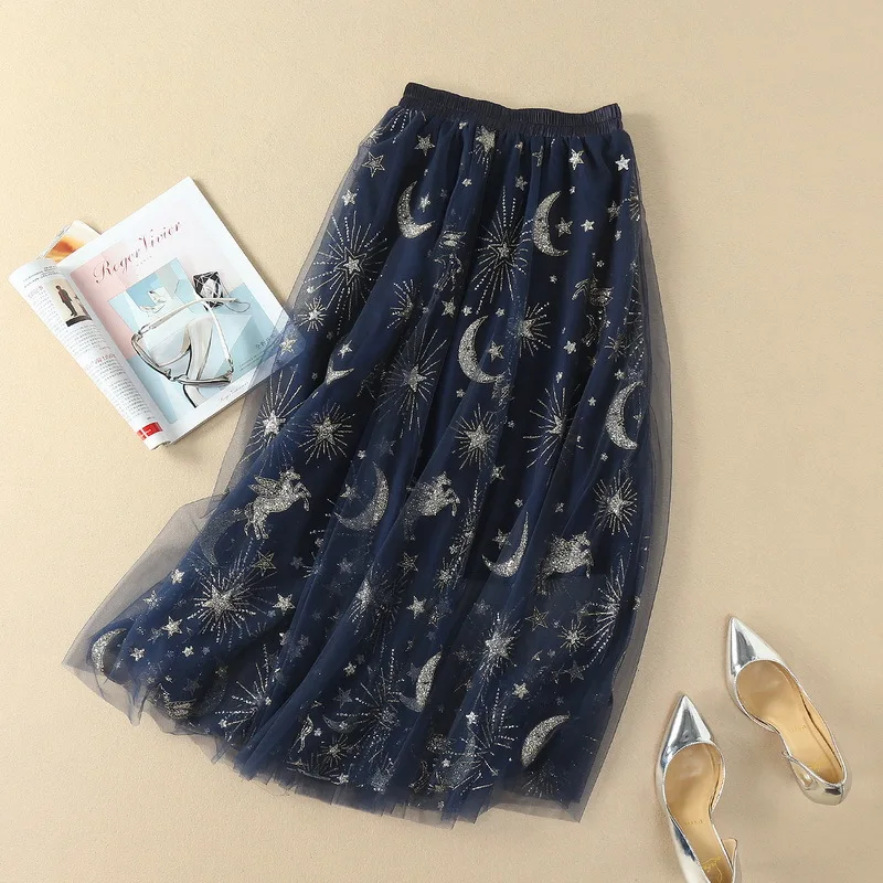 

2018 Gorgeous Mesh Stars Moon Sequined Short Women Skirts Fashion Skirts Womens Sexy Sheer Tulle Skirt Midi Skirt faldas 42110
