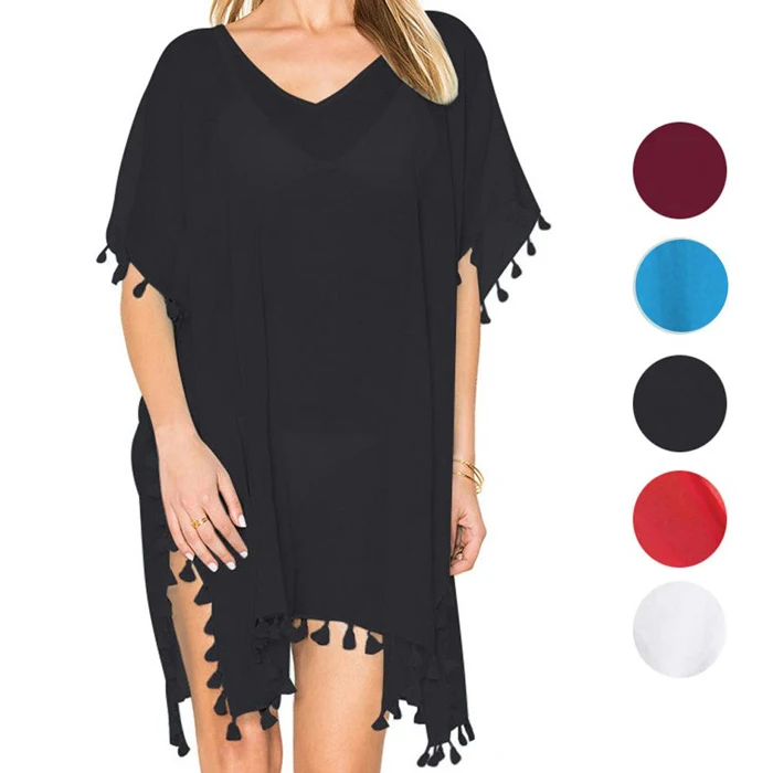 

2019 Chiffon Tassels Beach Dress Beachwear Women Cover Up Swimwear Summer Bathing Suit Loose Solid Pareo Short Beach Mini Dress