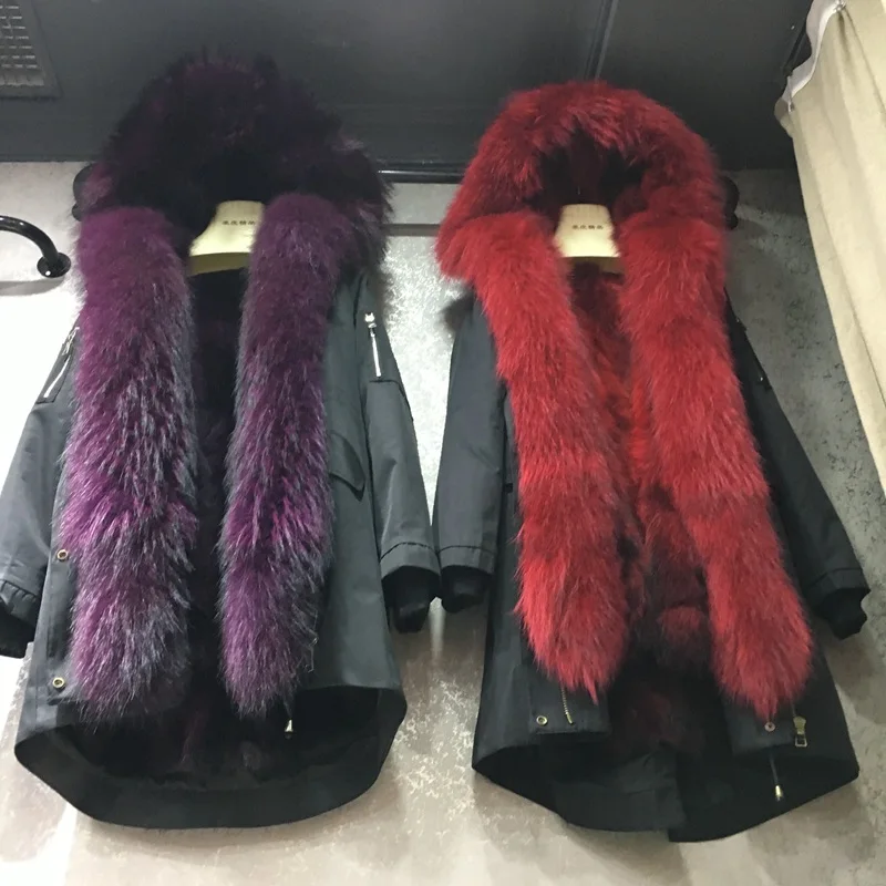 

2018 new fashion winter coat women real fur parka big raccoon fur hoody trim liner female russia winter warm slim fur outwear