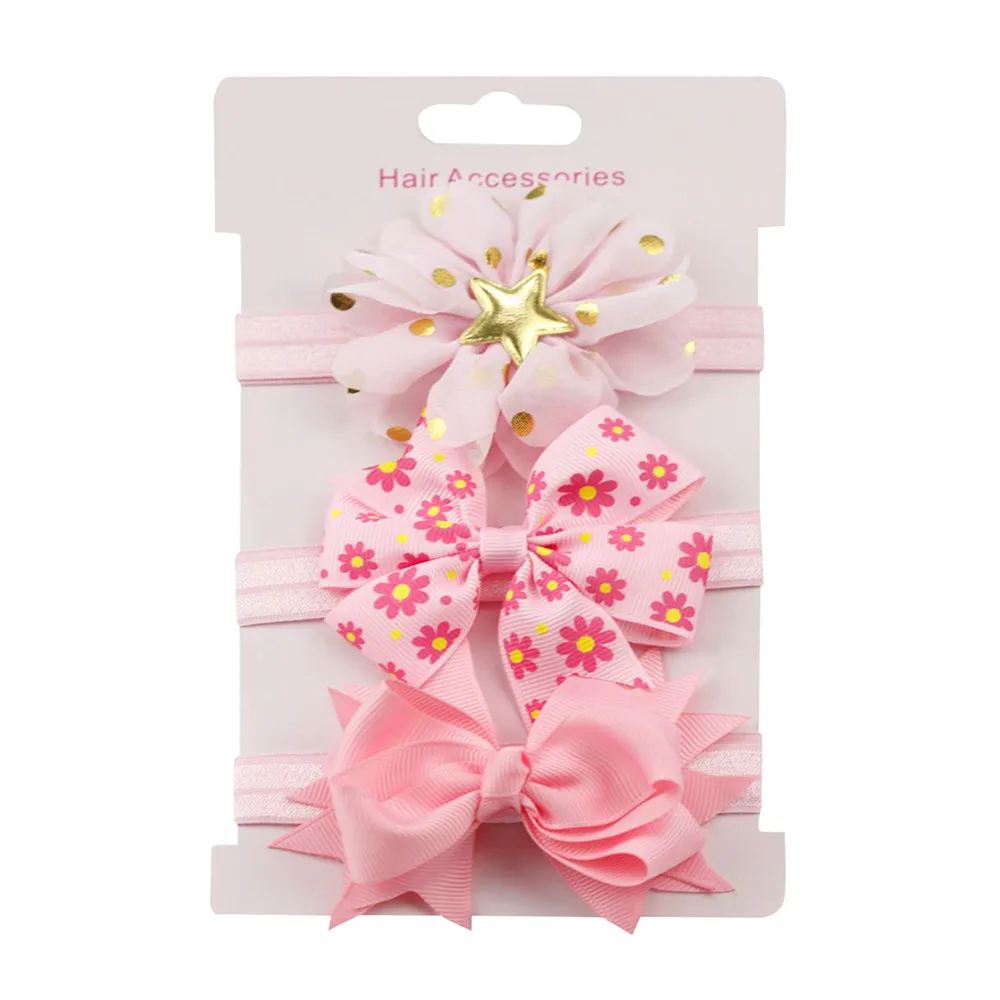 Pink Детская повязка на голову; коллекция года; Лидер продаж; кружевная лента для волос с большим бантом для девочек; комплект из 3 предметов; Детский Эластичный цветочный набор для волос с бантом; Diademas Para Ninas - Цвет: Pink