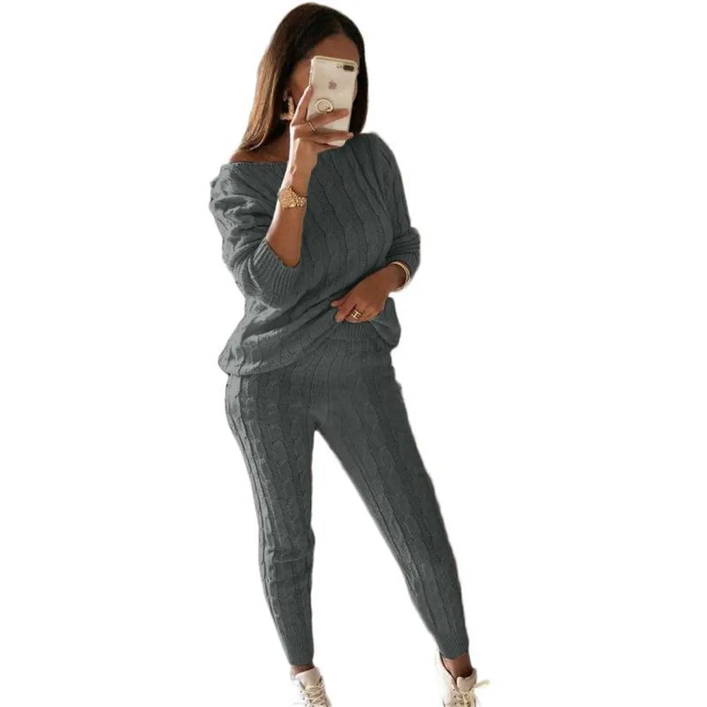  New Autumn Lady Tracksuit Two Piece Set Women Top and Pants Knitted Suit O Neck Knit Set Women Outw