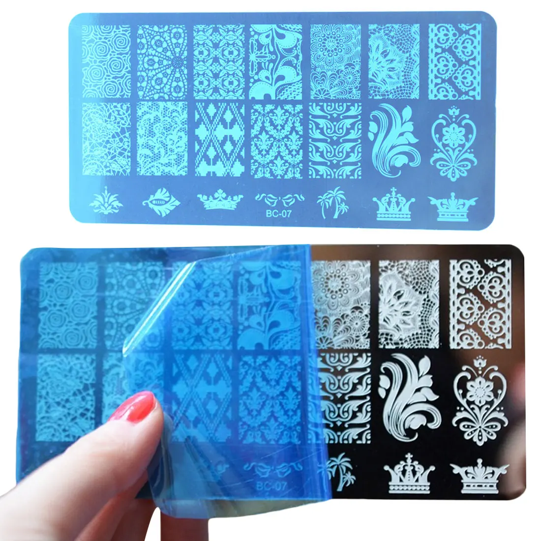 Дизайн ногтей красивые наклейки штамповки пластины Кружева цветочные прямоугольные печати синяя пленка кружева DIY маникюр шаблон