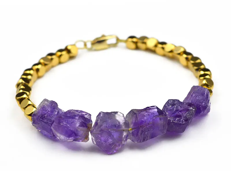 YA1722 Natural Purple Stone Nuggets Beads Gold Faceted Bead Bracelet 7