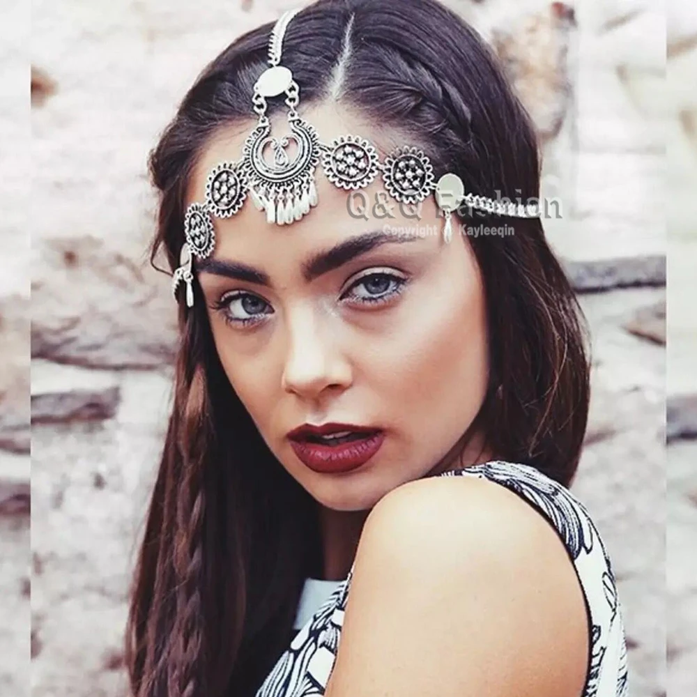 Dess Festival Grecian Silver Gypsy Chain Tikka Hair Crown Coin Dess Festival Grecian Silver Gypsy Chain Tikka Hair Crown Coin Head Dress Band Bridal Jewelry In From Accessories On