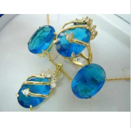 

FREE shipping>> Charming Blue jade pendant necklace earring ring set