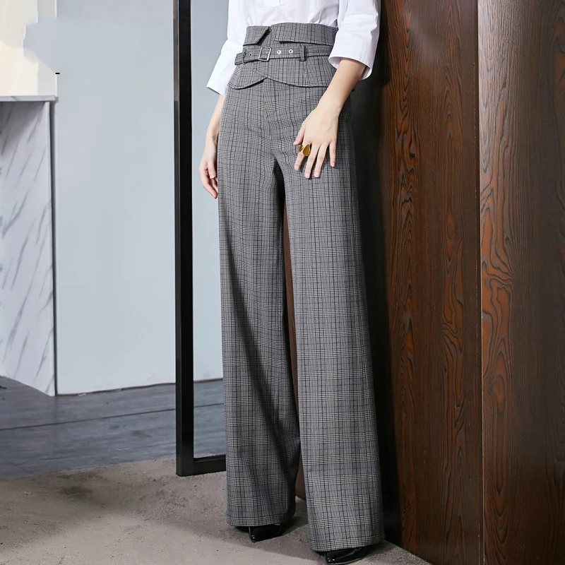 

Plaid Wide Leg Pants Female Autumn 2018 New High Waist Slim Autumn and Winter Temperament Straight Pants Harajuku Pants Women
