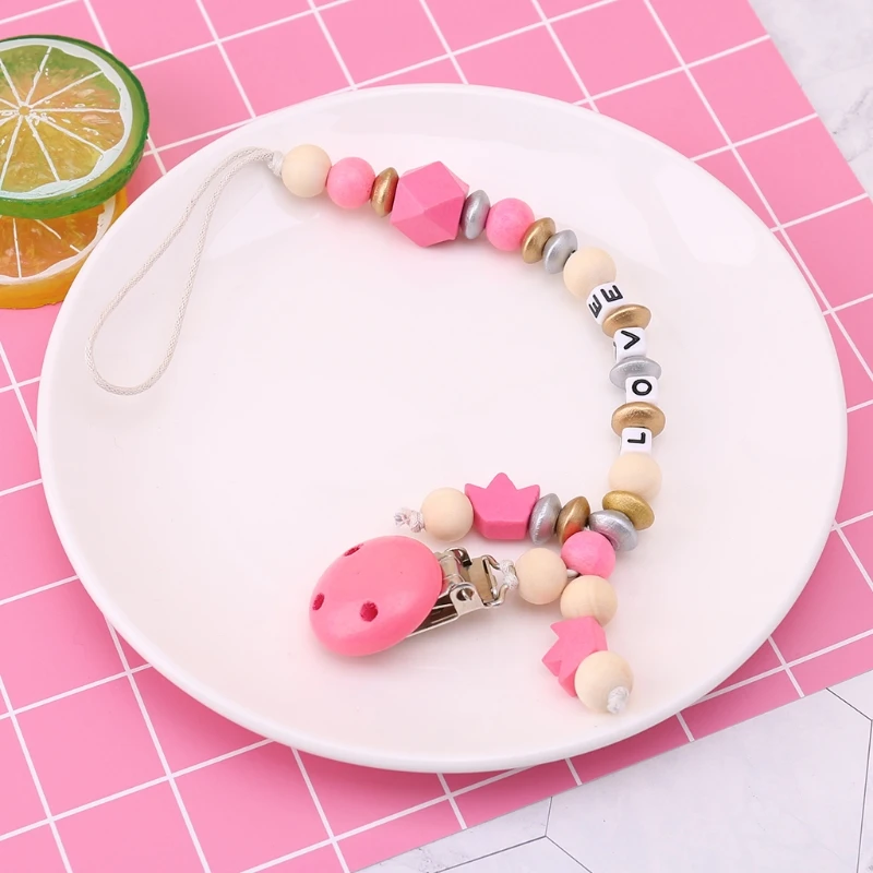 NEW Baby Pacifier Chain Clip Holder Wooden Bead Crown Soother Feeding Teether Chew