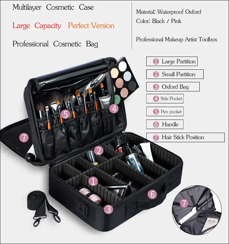 

Cosmetic Bag with Mirror Professional Cosmetic Clapboard Case Large Capacity Storage Travel Toiletry Makeup Travel Bag Case