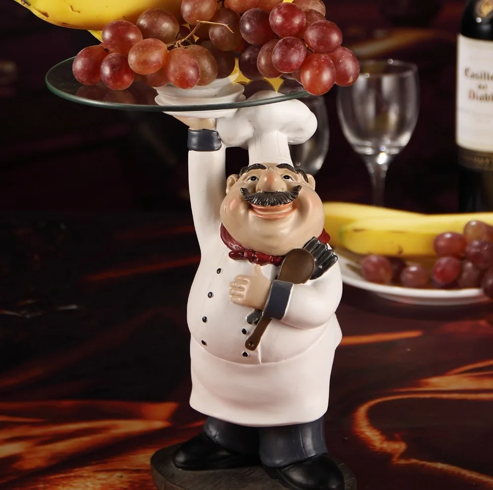 Image Cook Statue Dinner Plate Decor Resin and Glass Chef Figurine Serving Tray Tableware Ornament Craft for Fruits, Cakes and Snacks