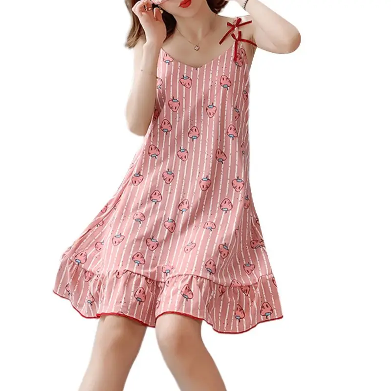 Свежий стиль для женщин и девочек с бантом Ночная сорочка на бретельках милый мультфильм клубника арбуз печать пижамы плиссированные гофрированные подол - Цвет: 2 Strawberry