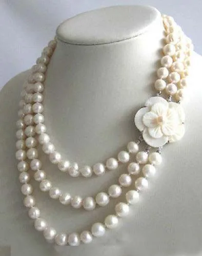 

very good Stunning Beautiful jewelry 3Row 7-8mm White Freshwater Pearl Necklace Shell Clasp Natural silver wholesale free shippi