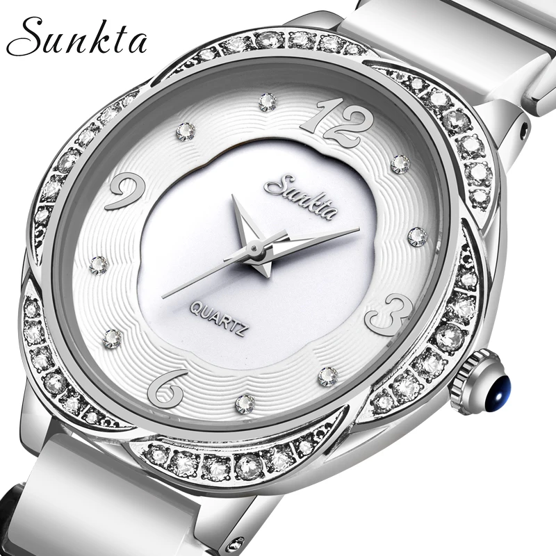 

SUNKTA2019 New Womens Watch Top Brand Luxury Ceramic Waterproof Watch Women Diamond Quartz Wristwatch Ladies watch Reloj Mujer
