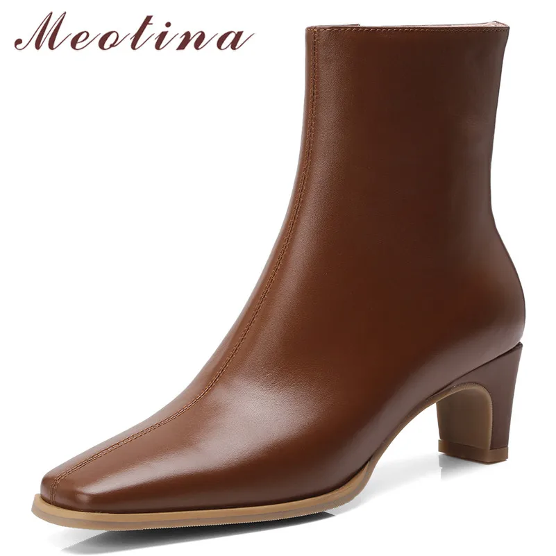 

Meotina Women Ankle Boots Autumn Natural Genuine Leather Thick High Heel Short Boots Zipper Square Toe Shoes Lady Spring Size 39