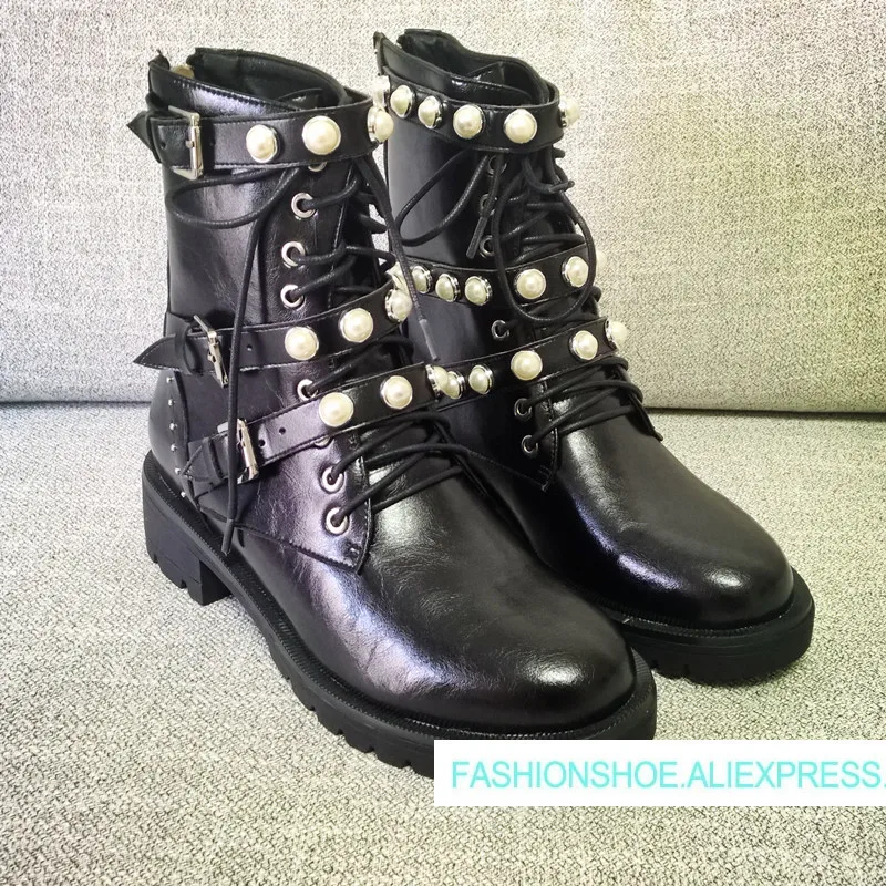 

Hot 2018 Shoes Woman Genuine Leather Motorcycle boots Square Heels Lace Up Knight Boots Pearls Decor Zapatos Mujer Ankle Boots