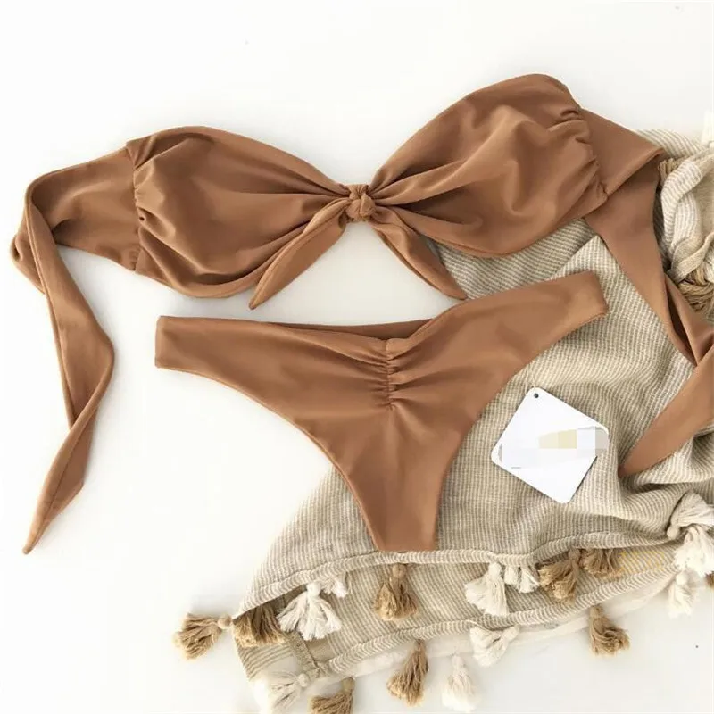 

2017 New Arrival Woman Sexy Brazilian Khaki Bikini Swimsuit Women Bikini Set Solid Color Bow Low Waist Strapless Good Quality