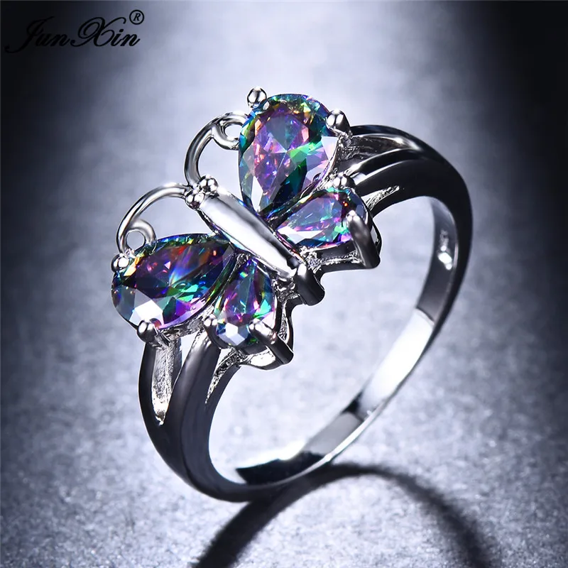 

Cute Female Rainbow Butterfly Ring Fashion 925 Silver Filled Finger Ring Vintage Wedding Engagement Rings For Women