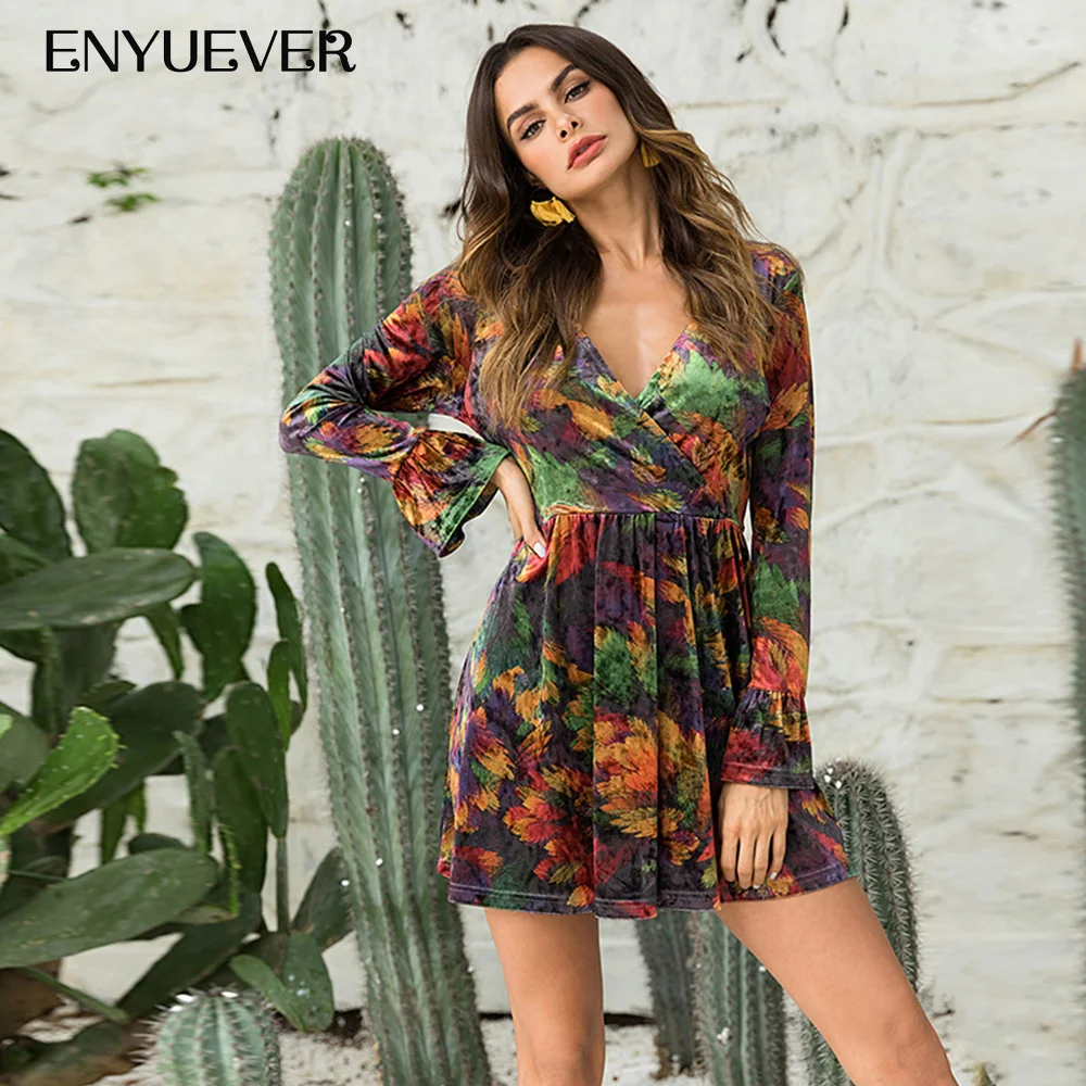 Enyuever Vestido Vintage Dress Women Clothes Fall 2019 Casual Floral Print V Neck Long Sleeve Party Mini Pleated Dress Plus Size
