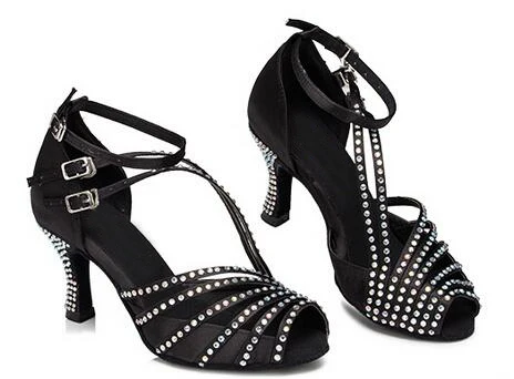 

2018 Brand popular Skin black Satin Rhinestones women's Latin dance shoes Ballroom dancing shoes Salsa Samba Party Square shoes
