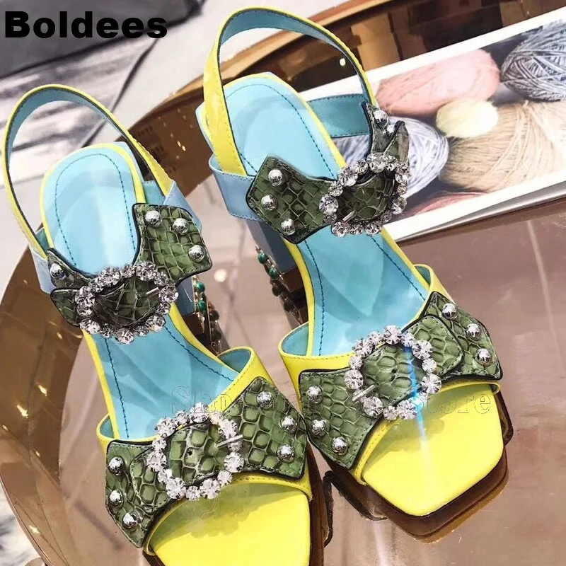 Top Quality Royal Court Designer Vintage Crystal Jewel Designer Belt Buckle Snakeskin Pattern Block High Heel Women Sandals Top Quality Royal Court Designer Vintage Crystal Jewel Designer Belt Buckle Snakeskin Pattern Block High Heel Women Sandals