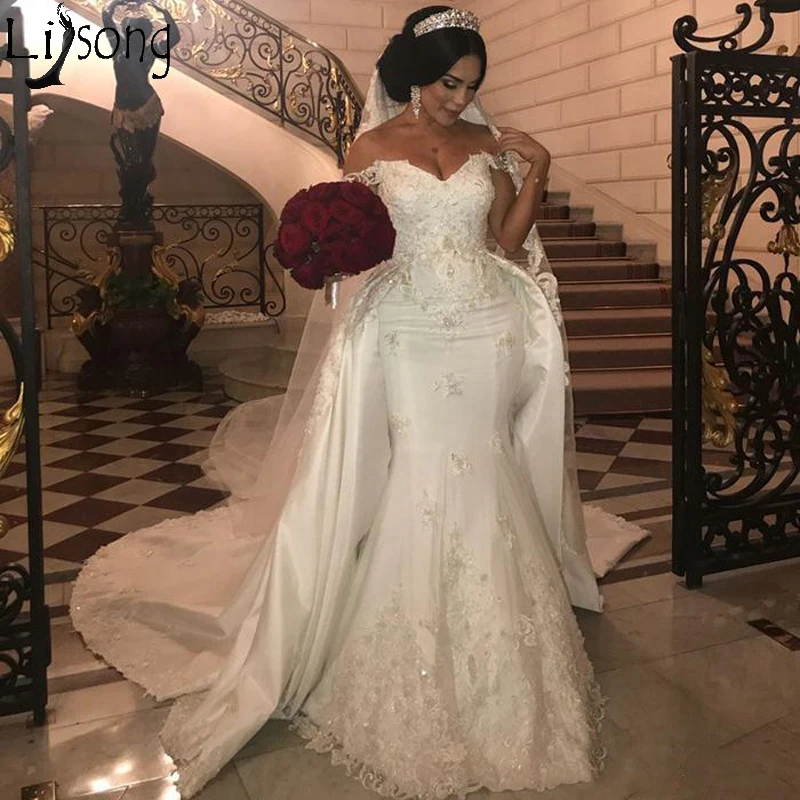 Elegant Beaded Lace Wedding Dresses With Detachable Train Off Shoulder Mermaid Bridal Gowns Applique Ivory Satin Wedding Dress