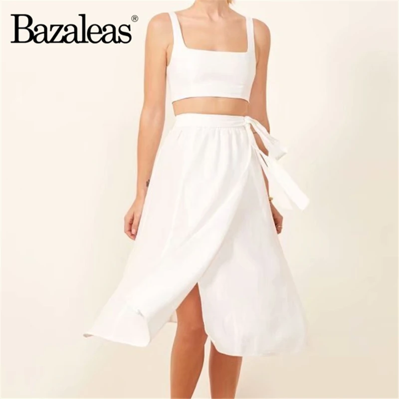 

Bazaleas Fashion two piece set Sexy tracksuit women Cotton white Crop top and midi skirt Beach Casual women suit Drop shipping