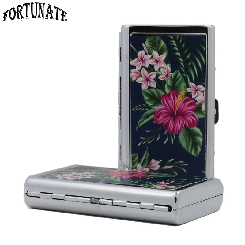 

New Exclusive Pink Flower Pattern Creative Slim Cigarette Case Women Lengthen Metal Fixture Pitillera Chicha Cigarrera Para Dama