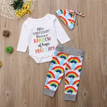 Милая Одежда для новорожденных девочек штаны с принтом радуги Геометрическая шляпа боди с длинными рукавами и круглым вырезом комплект из 3 предметов, хлопковая одежда для малышей