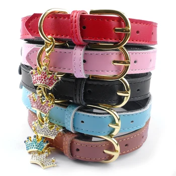 

Soft Padded Leather Dog Collar Adjustbale Small Puppy Dog Cat Chihuahuahua Collars With Crown Pendant Accessories Pink XS S M