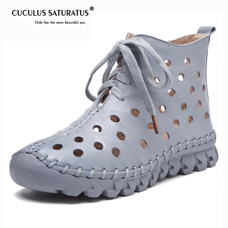 

Cuculus 2019 Spring Summer Shoes Women Genuine Leather Boots Low Heel Ankle Boot Handmade Hollow Fretwork Women Boots 1872