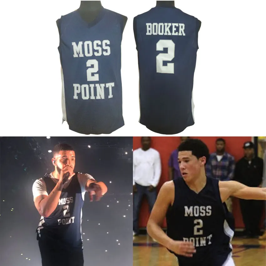 

2019 Sewn Mens Dark Blue Devin Booker #2 MOSS POINT High School Throwback Basketball Jersey maillot basket homme