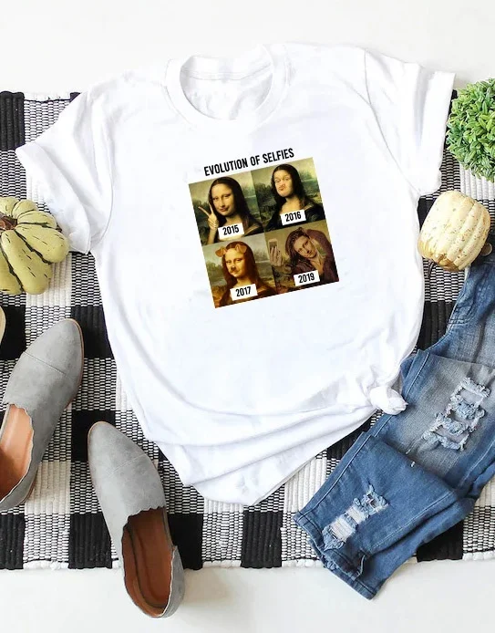 

kuakuayu HJN Women Evolution Of Selfies Mona Lisa Funny T-Shirt Hipsters Meme Shirt Cute Summer Tops