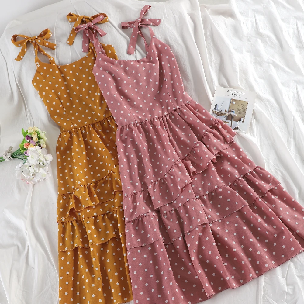 

SKOONHEID Summer Vintage Polka Dot Long Dress Women Boho Sleeveless Chiffon Strap Ruched Dress Romantic Korean Tiered Sundress