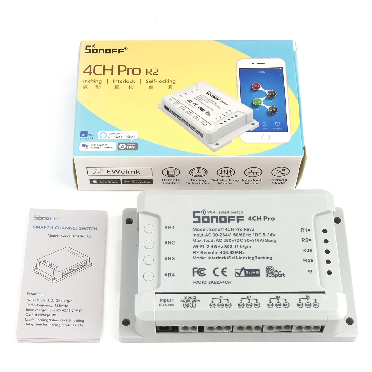 

SONOFF 4CH Pro R2 Wireless Multi-channel WIFI Switch For Smart House Home Automation Module Controller 433mHz Remote Control