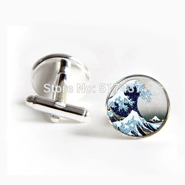 

1 pair wholesale Wedding Groom Cuff Links Wave Cufflinks The Great Wave Cufflink Sliver Black Round Cufflinks