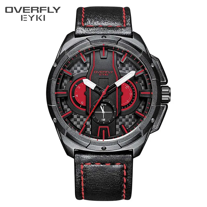 EYKI, Брендовые мужские креативные часы с 3D большим циферблатом, мужские светящиеся кварцевые часы с указателем даты, мужские спортивные наручные часы с кожаным ремешком - Цвет: black red watch