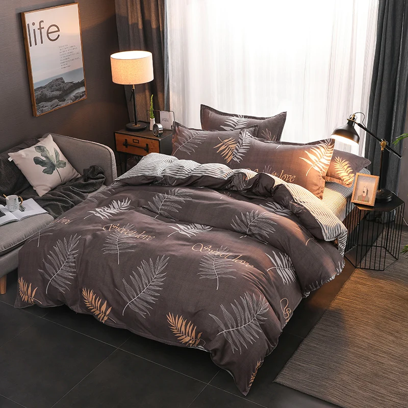 

BEST.WENSD Quality soft comfortable leaves super king Bedding set Winter 3/4 piece set Gray Simple zipper Bed cover set edredon