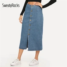 SweatyRocks, Джинсовая юбка с разрезом спереди, на пуговицах, уличная одежда, повседневные модные прямые однотонные юбки, весна, женские синие миди юбки