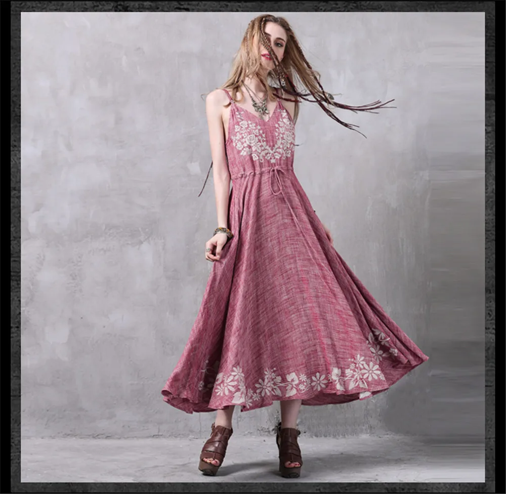 Spaghetti Strap Summer Long Dress 2017 Vintage Embroidery Vestidos Sleeveless Summer Style Tank Dress Femininos Party Dresses (9)