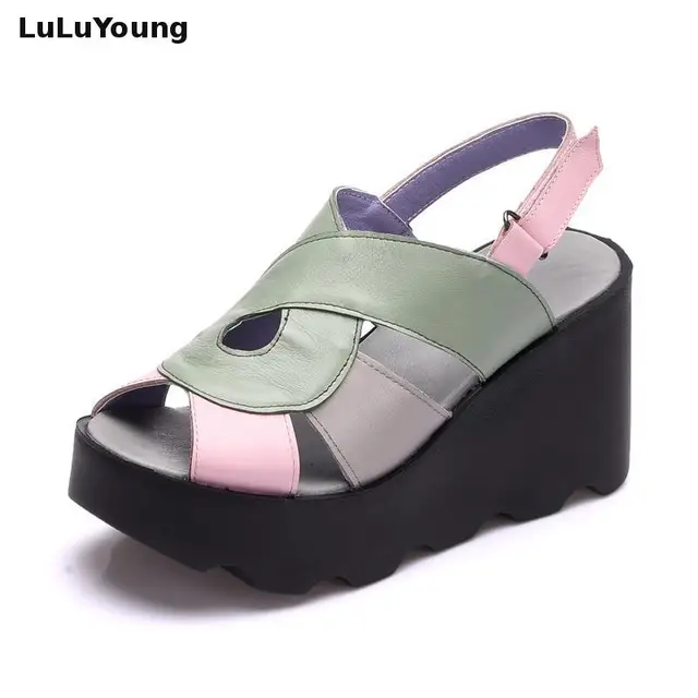 Genuine Leather Sandals High Heels Sandals Platform Sandals Wedges Shoes Women Sy-2019