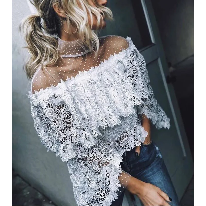 

2019 Sexy Hollow Out Embroidered Blouse Elegant Slim Fit Slash Neck Mesh Lace Blouses Women Lantern Sleeve Blouse
