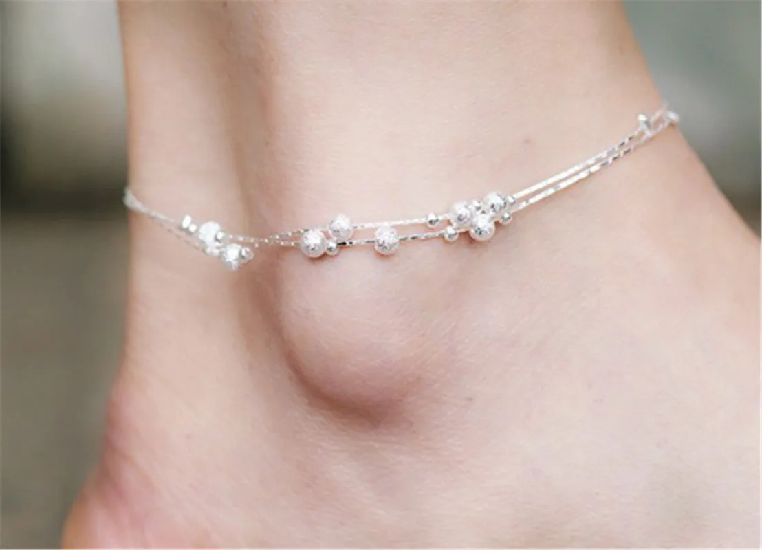 1Piece Women Girls Foot Chain Double Layer Silver Scrub Bead Chain Anklet Beach Anklet Hot