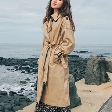 Outerwear Trench-Coat Spring Long-Double-Breasted-Belt Oversize-Quality Khaki Autumn