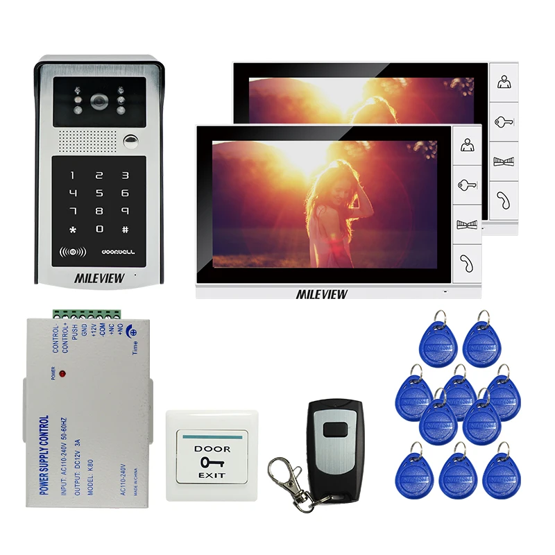 

Free Shipping 9 inch LCD Screen Video Door Phone Intercom Kit + Outdoor RFID Code Keypad Number Doorbell Camera 2 Monitors