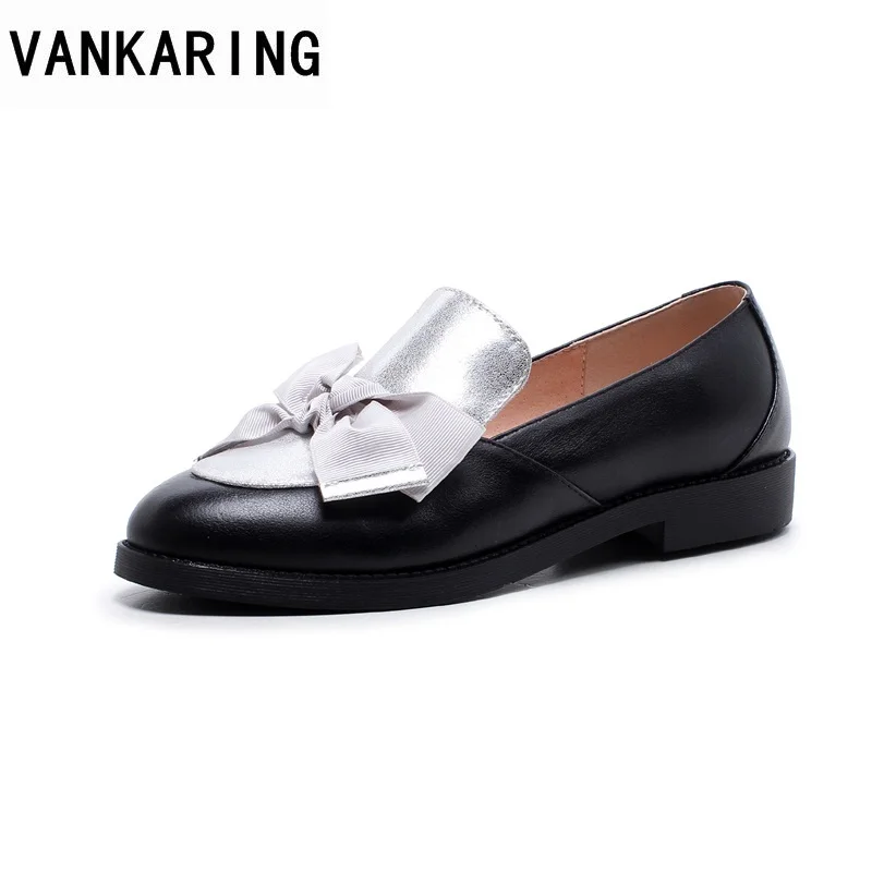 

VANKARING women black casual date shoes 2018 new spring autumn genuine leather bowknot silvery shoes ladies slip-on brogue