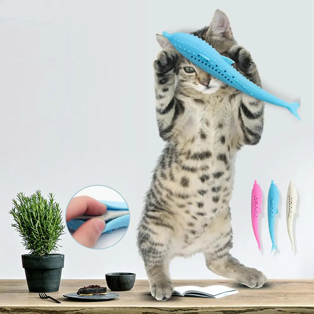 

Pet Cat Toothbrush Toy Fish Shape Catnip Flavor Silicone Molar Stick Teeth Cleaning Toy For Cats Kitten