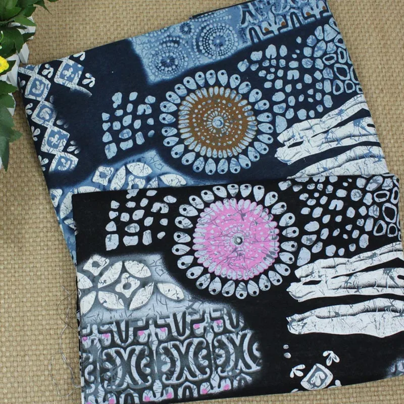 

ethnic blue black imitation batik dyeing printed cotton and linen fabrics for apparel tablecloth curtains handwork crafts decor